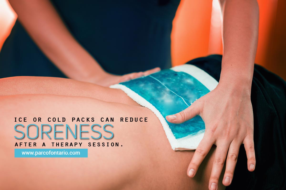 Ice or cold packs can reduce soreness after a therapy session